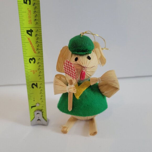 Handcrafted Corn Husk Mouse Ornament In Green Dress Holding Lollipop - Picture 6 of 6